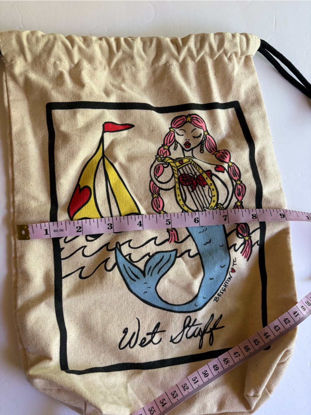 Rare! Brighton Drawstring Pouch in Cream with Mermaid Print - Picture 6 of 7